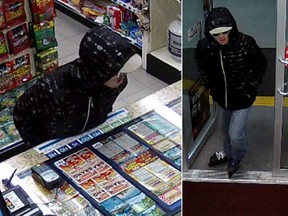 The suspect in an Aug. 21, 2016, gas station theft, pictured in these surveillance images, is also believed to have robbed a bakery a day earlier. He escaped both scenes on rollerblades.
