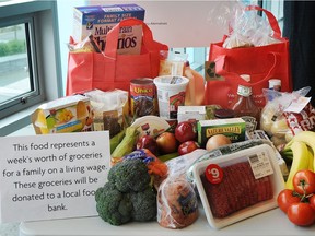 A display in 2011 at Vancouver demonstrates what a family should be able to afford a week in food on a living wage. Wayne Leidenfrost/PNG files