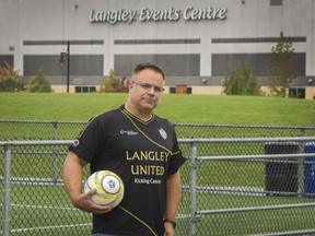 Marcel Horn stands on a soccer field at the Langley Event Centre. He said Langley United has worked for months to come up with a plan that results in no game or practice cancellations due to the Vancouver Giants moving to the facility and attempts to deal with the area’s limited parking.