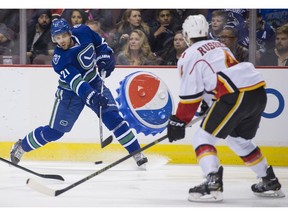 Vancouver Canucks forward Brandon Sutter shoots against the Calgary Flames last February, one of just 20 games he played last season.