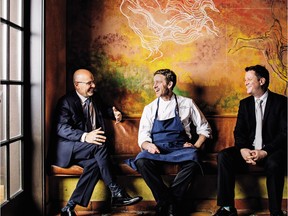 President of Toptable Group, Michael Doyle, left, CinCin executive chef Andrew Richardson , centre and restaurant director Richard Luxton take five at Cin Cin. Photo by Kevin Clark.