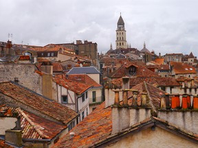 A view of clay rooftops and chimney pots in Périgueux from the roof of La Tour Mataguerre.