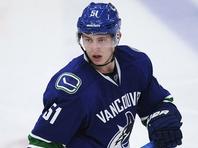 PENTICTON, BC., September 16, 2016 -- Vancouver Canucks' Troy Stecher (51) in action against the Edmonton Oilers during second period 2016 NHL Young Stars Classic action at the South Okanagan Events Centre in Penticton, BC., September 16, 2016.   (NICK PROCAYLO/PostMedia)  00045178A [PNG Merlin Archive]