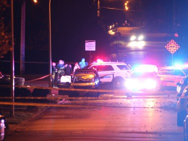 The scene in Fraser Heights on Friday night after two men were shot near the intersection of 159 St. and 110 Ave. One man reportedly died at the scene, the other man rushed to hospital.