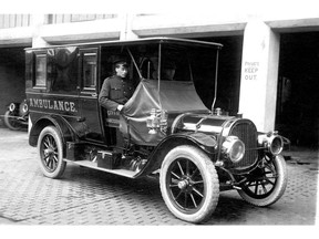 A Vancouver police ambulance, circa 1914-15. This is probably the city's second ambulance, purchased in the U.S. in 1910. Major Matthews collection, Vancouver Archives  A-30-72.