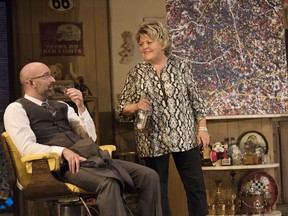 Jonathan Monro (as Lionel Percy) and Nicola Cavendish (as Maude Gutman) trade verbal and liquid shots in Bakersfield Mist, playing until Nov. 20, 2016 at the Stanley Industrial Alliance Stage theatre.