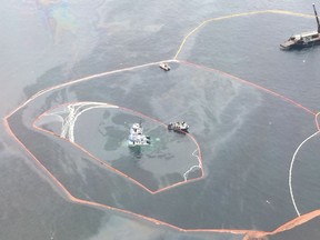 An aerial view of the Nathan E. Stewart tug, which went aground spilling diesel fuel into waters claimed by the Heiltsuk Nation territory.