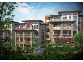 An artist's rendering of the courtyard of Seasons, Ledingham McAllister's new-home project in Burnaby. For Westcoast Homes. [PNG Merlin Archive]