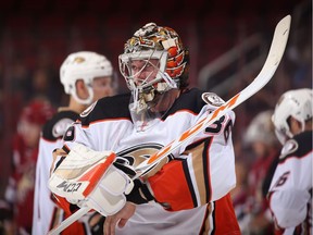 Goaltender John Gibson #36 of the Anaheim Ducks in action during the preseason NHL game against Arizona Coyotes at Gila River Arena on October 1, 2016 in Glendale, Arizona.