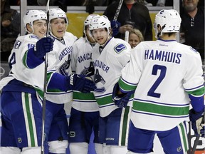 From left, Vancouver Canucks Jake Virtanen, Bo Horvat and Sven Baertschi made a massive impression together during a pre-season game against the Oilers last season. But it took a while before that exhibition game success was replicated for real.