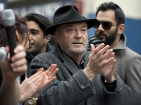 British member of parliament George Galloway addresses a counter-protest held adjacent to a demonstration by the UK branch of the German group 'Pegida'  in the city centre of Newcastle upon Tyne, Northern England on February 28, 2015.The German-based PEGIDA movement, which opposes what it calls the "Islamisation" of Europe, was staging its first demonstration on British soil on Saturday.