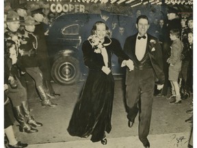 British actress Madeleine Carroll with Orpheum Theatre manager Ivan Ackery. There is no information on the print, but Ackery may be escorting her into a benefit for the Red Cross at the Orpheum on Oct. 17, 1940.