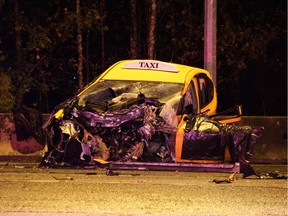 A westbound Vancouver Taxi struck a pole on the Barnet Highway at Suncor Energy on Thursday night. The driver died at the scene.