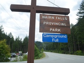 Campground Full sign posted at Nairn Falls Provincial Park south of Pemberton in July 2016.