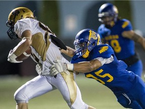 UBC Thunderbirds' defensive back A.J. Blackwell (right) leads a young defence into its biggest test of the season Saturday against the Calgary Dinos at Thunderbird Stadium. (Bob Frid, UBC athletics) [PNG Merlin Archive]