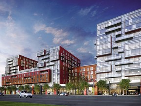 Artist's conception of The WorkSpaces at Strathcona Village, a three-tower, 350-unit complex by Wall Financial in the 900-block of East Hastings. The project is a mix of 280 condos, 70 social housing units, 12,000 square feet of office space, and 60,000 sq. ft. of industrial-retail units.