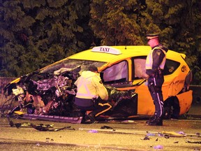 A westbound Vancouver Taxi struck a pole on the Barnett Highway at Suncor Energy on the Buranby / Port Moody border late, Thursday, October 14, 2016.