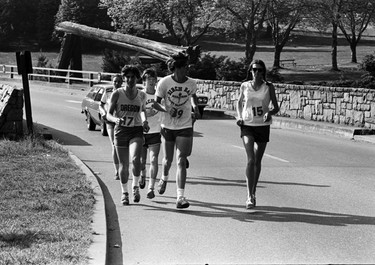 The British Columbia Marathon, the first marathon in the province around Stanley Park where women runners participated for the first time. 46 entrants each paid an entry fee of $1, and 32 of them reached the finish line. Pictured is Patricia Loveland, 31, one of the three women who ran the race. May 27, 1972.