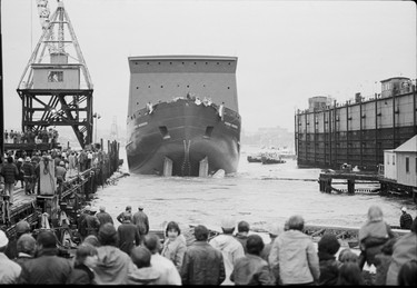 Justice Minister Ron Basford presides at the launch of the Canadian Coast Guard icebreaker Pierre Radisson at Burrard Dry Dock. June 4, 1977.