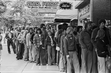Star Wars ticket buyers line up at the Vogue Theatre on Granville Street on opening day. The film would become part of the biggest movie franchise in history. June 24, 1977.