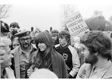 Controversial actress and anti-Vietnam War activist Jane Fonda addresses anti-war protesters, including U.S. draft evaders and deserters living in Canada, at the Peace Arch border crossing. November 16, 1974.