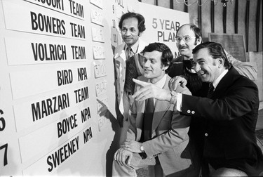 TEAM headquarters at the Bayshore Inn during the Vancouver civic election – (from left) Setty Pendakur, Fritz Bowers, Mike Harcourt and Jack Volrich. November 29, 1974.