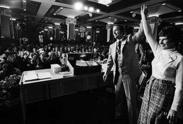 Bill Bennett wins the leadership of the Social Credit Party at the convention. With wife Audrey. November 24, 1973.
