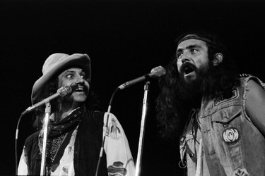 Comedians Cheech and Chong (Richard “Cheech” Marin (R) and Tommy Chong) perform at the War Memorial Gym at UBC. October 20, 1973.