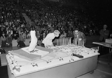 Champion figure skater Karen Magnussen’s 21st birthday party at the Pacific Coliseum. April 4, 1973.