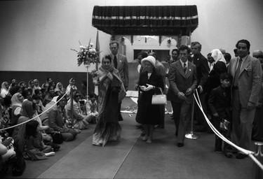 Indira Gandhi, Prime Minister of India, visits the Sikh temple on Ross Street. June 23, 1973.