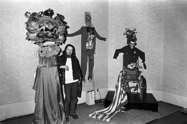 Artist Al Neil and his assemblage work called West Coast Lokas at the Vancouver Art Gallery. March 23, 1972.