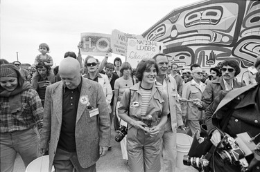 First World Water Day march from Spanish Banks to the Habitat Forum site with Margaret Trudeau, Barney Danson and Ron Basford and others. June 6, 1976.