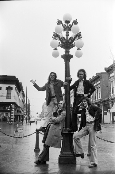 Chilliwack, a successful mainstay of the local rock scene, hangs out in Gastown. Clockwise from top left are band members Bill Henderson, Glenn Miller, Ross Turney, and Howard Froese. January 7, 1975.