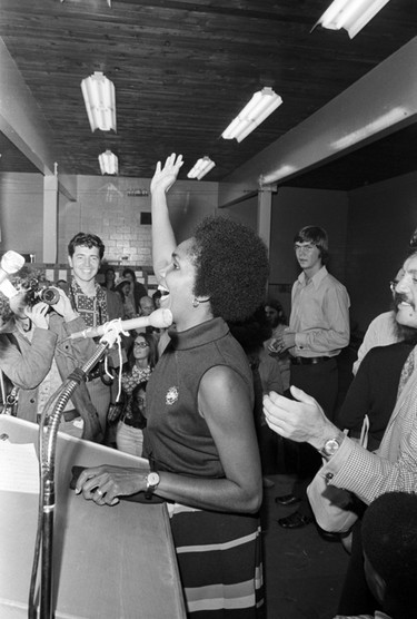 Rosemary Brown at NDP headquarters after being elected the first black woman in Canada to be elected to a provincial legislature. August 30, 1972.