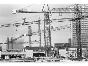 A forest of cranes at the new Vancouver courthouse and Robson Square project. June 29, 1977.