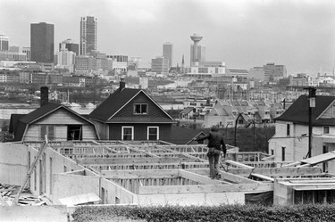 Construction worker at work on a building at 7th and Laurel in False Creek. March 9, 1978.