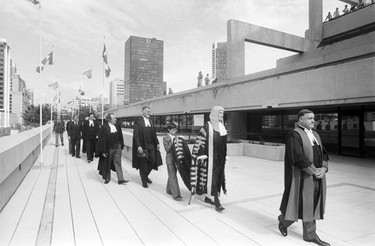 The opening of the new Vancouver courthouse building at Robson Square included Supreme Court Chief Justice Allan McEachern, Britain’s Lord Denning, and law society treasurer Harry Rankin. (check ID) September 6, 1979.