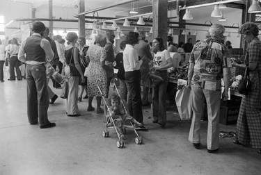 People shop at the newly opened Granville Island public market. August 4, 1979.