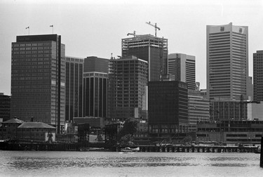 Seaplane and skyline of downtown Vancouver at Coal Harbour. June 26, 1973.