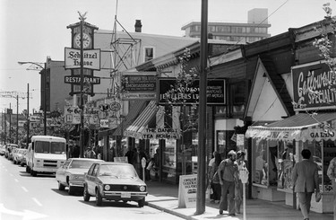 Before it was a trendy destination for high-end shopping, Robson Street was known as Robsonstrasse for its European shops and restaurants, including Galloway’s Specialty food store, The Danish Tea Room, and the Schnitzel House. July 14, 1976.