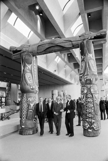 Official opening of the Museum of Anthropology at UBC. From left, UBC president Douglas Kenny, UBC chancellor Donovan Miller, governor general Jules Leger and Museum of Anthropology director Michael Ames. May 30, 1976.