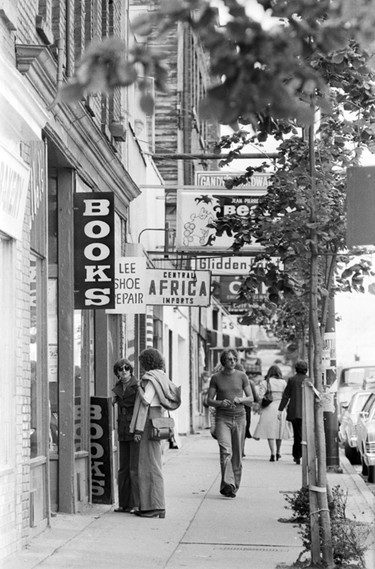 Shops along (maybe 2300 block?) 4th Avenue in Kitsilano, with Central Africa Imports, Lee Shoe Repair. August 31, 1978.