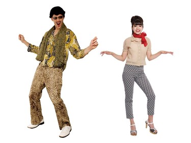 Get inventive this Halloween with costumes that are thrifted. Models wear a "Pen Pineapple Apple Pen" costume inspired by the YouTube sensation (left) and a retro-inspired look.