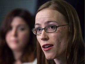 Former University of B.C. student Glynnis Kirchmeier, right, holds a news conference at the university at Vancouver in November 2015.