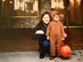 Helen Ritts with her then-two-year-old son Joseph, ready to go out for Halloween in 2001. She recalls that on Halloween they would leave the West End neighbourhood in which they lived ‘to find the best neighbourhood to trick-or-treat in.’ Discussing this several years later while at work was part of the impetus behind the social media-infused Hallowe'en Trick-or-Treat Count.