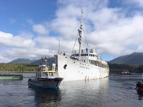 The Canadian Princess, a fixture since 1979, is towed out of Ucluelet.