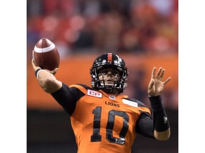 B.C. Lions' quarterback Jonathon Jennings passes against the Winnipeg Blue Bombers during Friday's Canadian Football League game in Vancouver on Friday, Oct. 14, 2016. The Blue Bombers won 35-32.