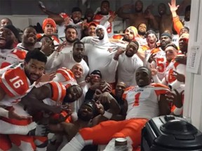 The Lions in the Taylor Field dressing room after the win on Saturday.