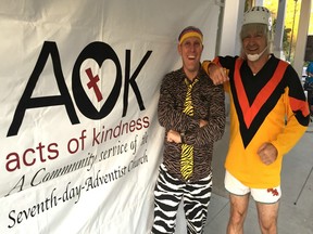 Pastor Mike Dauncey in a game farm-ish, safari-friendly outfit for the second annual Acts of Kindness 10K and 5K Fun Run, was on Cloud 9 Sunday thanks to great fall weather, a large turnout, brilliant costumes and support from his Church of the Valley members at 23589 Old Yale Rd. in Langley Township.