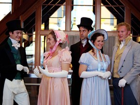 Metro Theatre's production of Jane Austen's Sense and Sensibility marks the theatre's 500th production. From left to right - character Willoughby played by Kenneth Tynan, Marianne Dashwood played by Cassie Ledoux, Colonel Brandon played by Matthew Spears, Elinor Dashwood played by Lindsay Nelson.